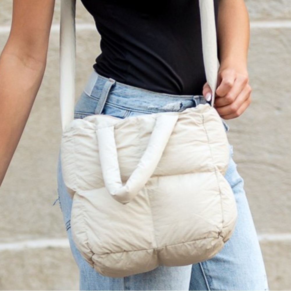 Aili's Corner Jacie Puffer Crossbody Mini Tote Almond Quilted Nylon NWT